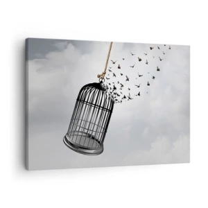 Schilderen op canvas - Vogels vliegen uit een kooi tegen de lucht - 70x50cm - Geloof ... Hoop ... Vrijheid! - Moderne wanddecoratie voor woonkamer en slaapkamer ARTTOR