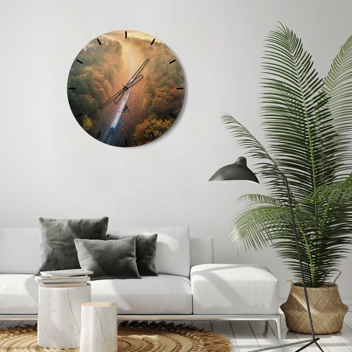 Wandklok - Klok - Een trein die door een herfstbos rijdt in de ochtendmist - 30x30cm - Herfst reis - Moderne wanddecoratie voor woonkamer, keuken en slaapkamer ARTTOR