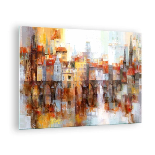 Schilderen op glas - Kleurrijk stadsgezicht met brug en weerspiegeling in het water - 70x50cm - Ook onder de brug is het mooi - Moderne wanddecoratie voor woonkamer en slaapkamer ARTTOR
