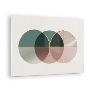 Schilderen op glas - Geometrische vormen met tinten groen en roze op een lichte achtergrond - 70x50cm - Wiel voor wiel... - Moderne wanddecoratie voor woonkamer en slaapkamer ARTTOR