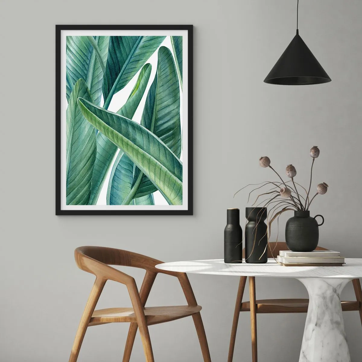 Poster in een zwarte lijst - Groene bananenbladeren in aquarelstijl - 50x70cm - Groen zelf - Moderne wanddecoratie voor woonkamer en slaapkamer ARTTOR