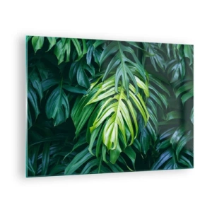 Schilderen op glas - Weelderige groene monsterabladeren in natuurlijk licht - 70x50cm - Dompel jezelf onder in de frisheid - Moderne wanddecoratie voor woonkamer en slaapkamer ARTTOR