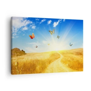 Schilderen op canvas - Een gouden veld, een pad en vlinders tegen een blauwe lucht - 70x50cm - En hoe kun je niet van de zomer houden? - Moderne wanddecoratie voor woonkamer en slaapkamer ARTTOR