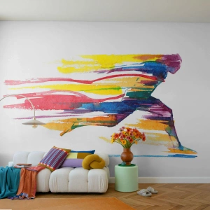 Fotobehang Standard Eco - Rennend silhouet in een kleurrijke aquarelstijl - 100x70cm - Rennend over de regenboog - Moderne wanddecoratie voor woonkamer en slaapkamer ARTTOR