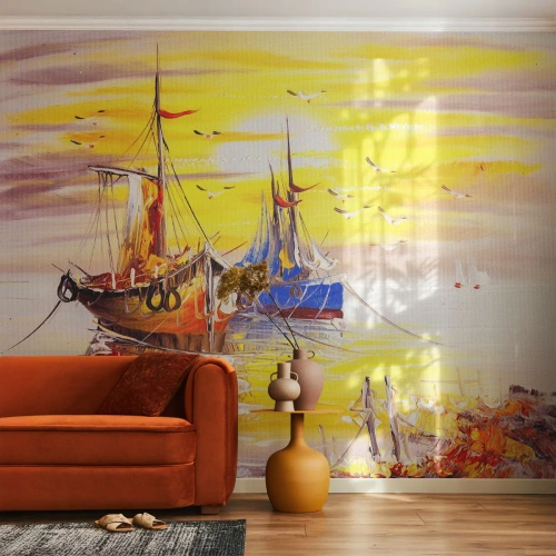Fotobehang Premium Canvas - Een welverdiende rust in de haven - Vissersboot, Vissen, Vogels - 250x175 cm
