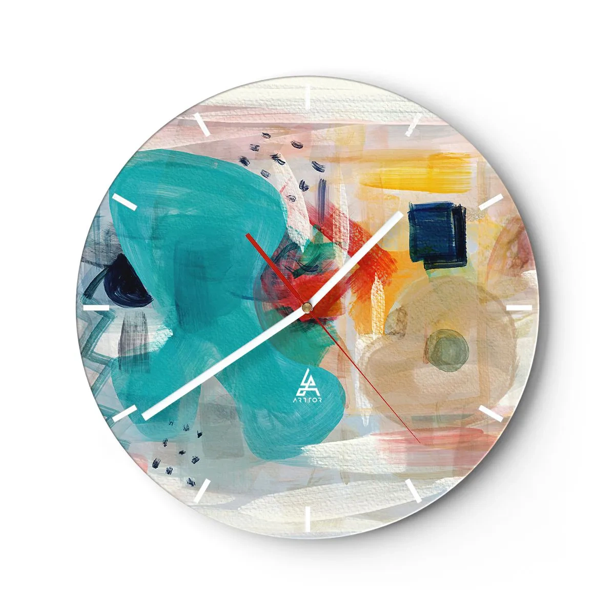 Wandklok - Klok - Abstracte kleurvlekken in tinten turquoise, rood en geel - 30x30cm - Kleurrijk spel - Moderne wanddecoratie voor woonkamer, keuken en slaapkamer ARTTOR