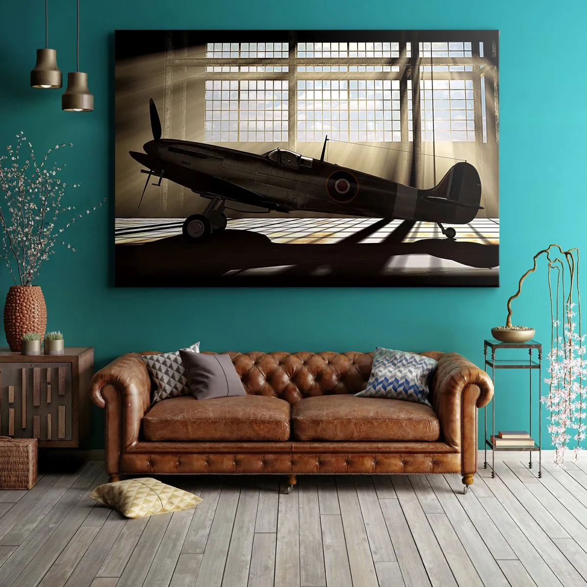 Schilderen op canvas - Een historisch vliegtuig in een hangar verlicht door zonlicht - 70x50cm - De rust van een krijger - Moderne wanddecoratie voor woonkamer en slaapkamer ARTTOR