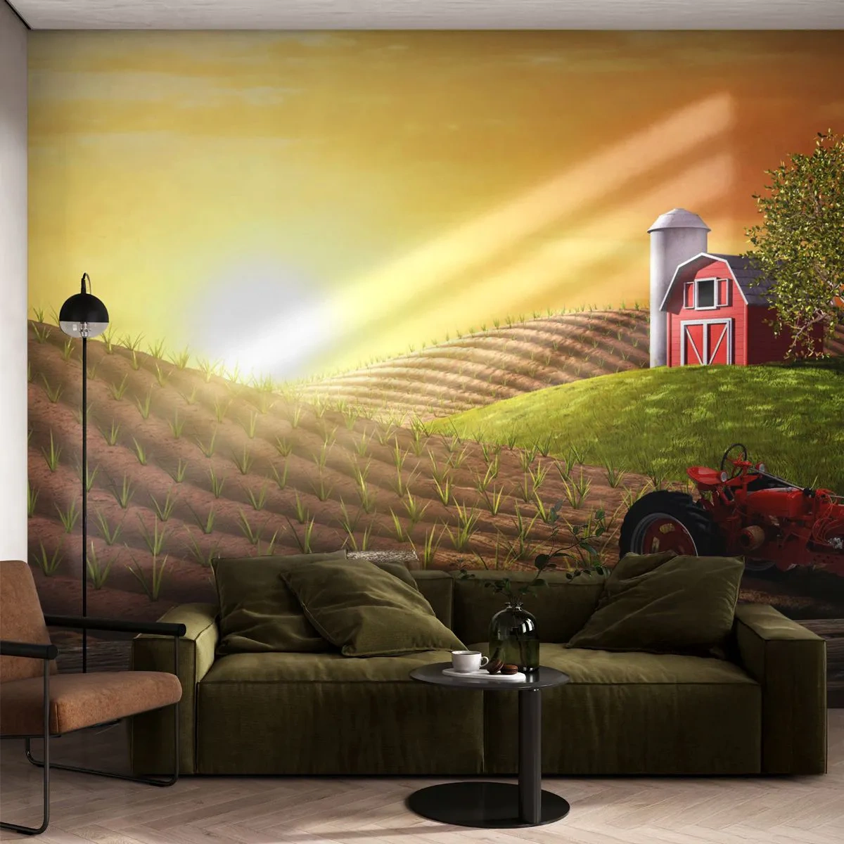 Fotobehang Premium Sand - Een boerderij als uit een sprookje - Boerderij, Landschap, Tractor - 100x70 cm