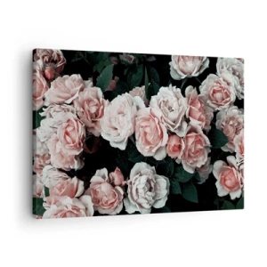 Schilderen op canvas - Roze rozen op een donkere achtergrond in een subtiele compositie - 70x50cm - Rozen ensemble - Moderne wanddecoratie voor woonkamer en slaapkamer ARTTOR