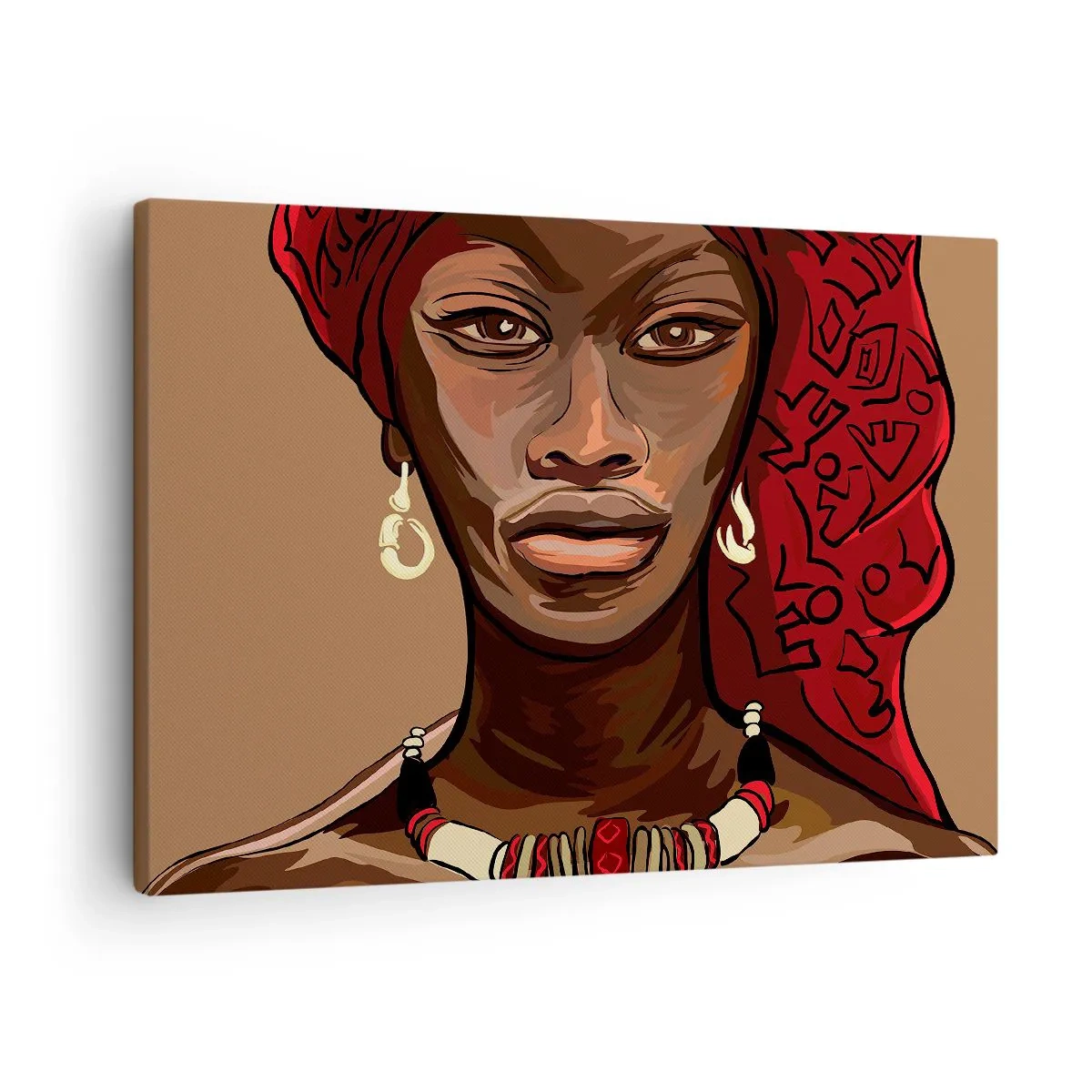 Schilderen op canvas - Portret van een vrouw met een rode tulband op een beige achtergrond - 70x50cm - Ebbenhouten Venus - Moderne wanddecoratie voor woonkamer en slaapkamer ARTTOR