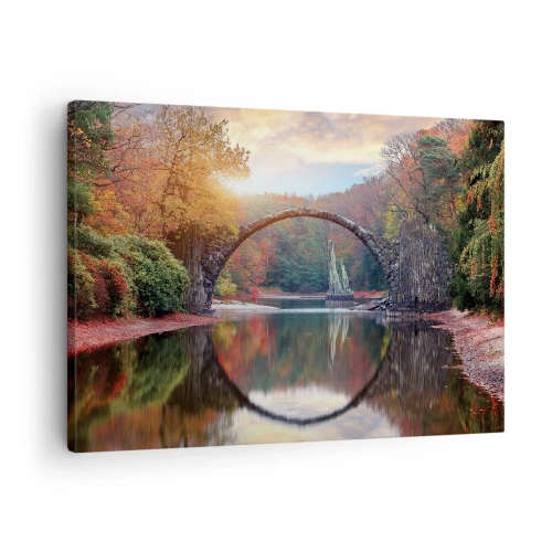 Schilderen op canvas - Een stenen brug in een herfstlandschap over kalm water - 70x50cm - Aan de andere kant van de spiegel - Moderne wanddecoratie voor woonkamer en slaapkamer ARTTOR