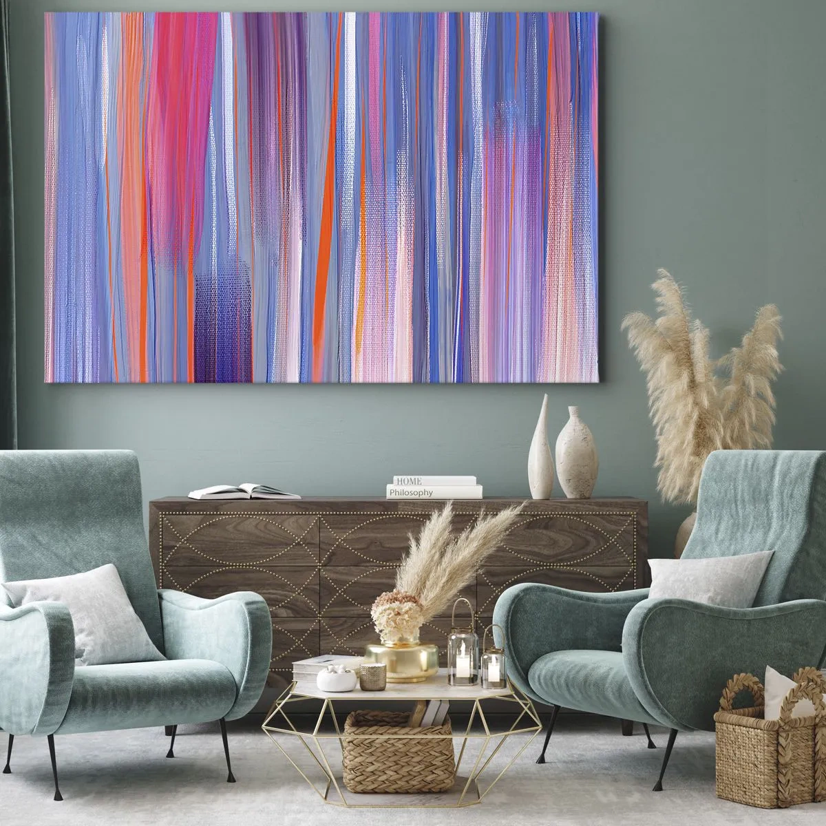 Schilderen op canvas - Abstracte verticale lijnen in tinten blauw en roze - 70x50cm - Opgang naar de regenboog - Moderne wanddecoratie voor woonkamer en slaapkamer ARTTOR