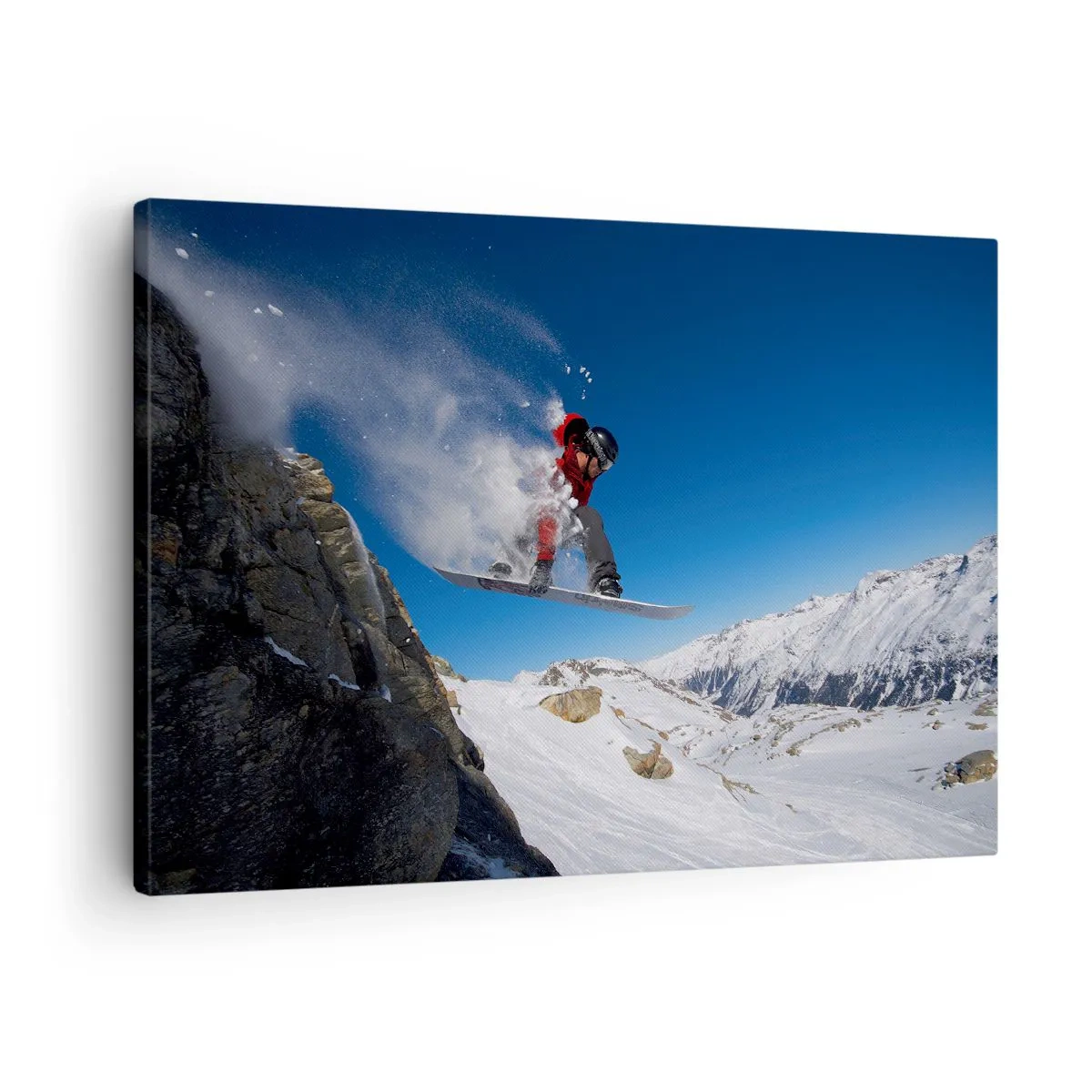 Schilderen op canvas - Een snowboarder springt van een rots tegen een berglandschap - 70x50cm - En je werd een deel van de ruimte - Moderne wanddecoratie voor woonkamer en slaapkamer ARTTOR