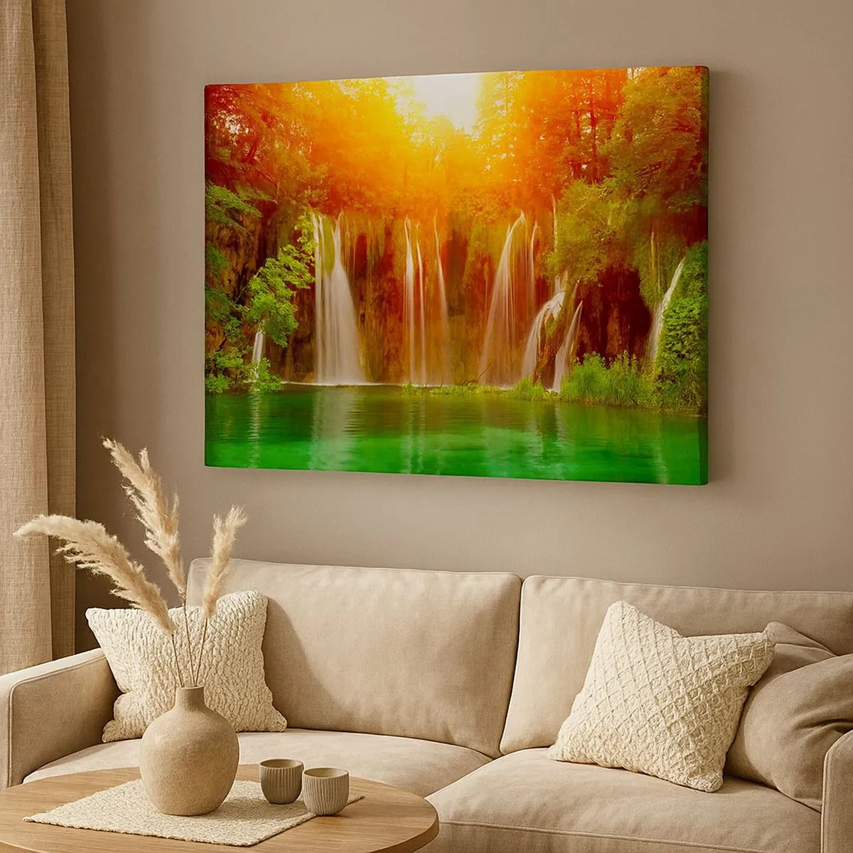 Schilderen op canvas - Watervallen omgeven door groen in de gloed van de ondergaande zon - 70x50cm - In de zon en in de schaduw - Moderne wanddecoratie voor woonkamer en slaapkamer ARTTOR