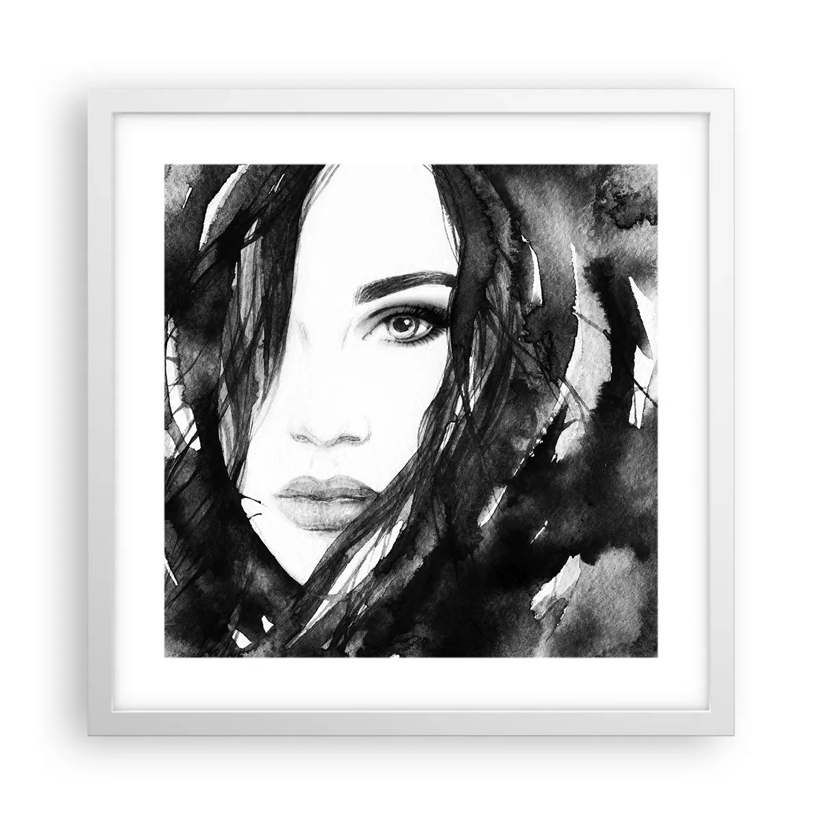 Poster in een witte lijst - Portret van een dame in zwart en wit - 40x40 cm