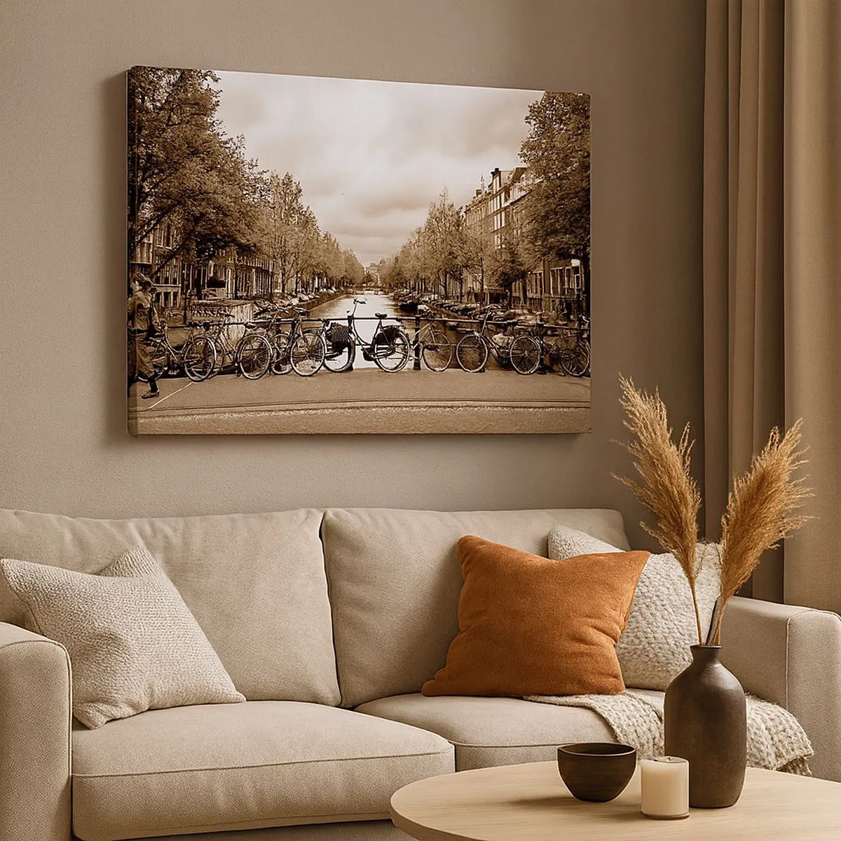 Schilderen op canvas - Fietsbrug over het kanaal in sepia - 70x50cm - Hollandse sfeer - Moderne wanddecoratie voor woonkamer en slaapkamer ARTTOR
