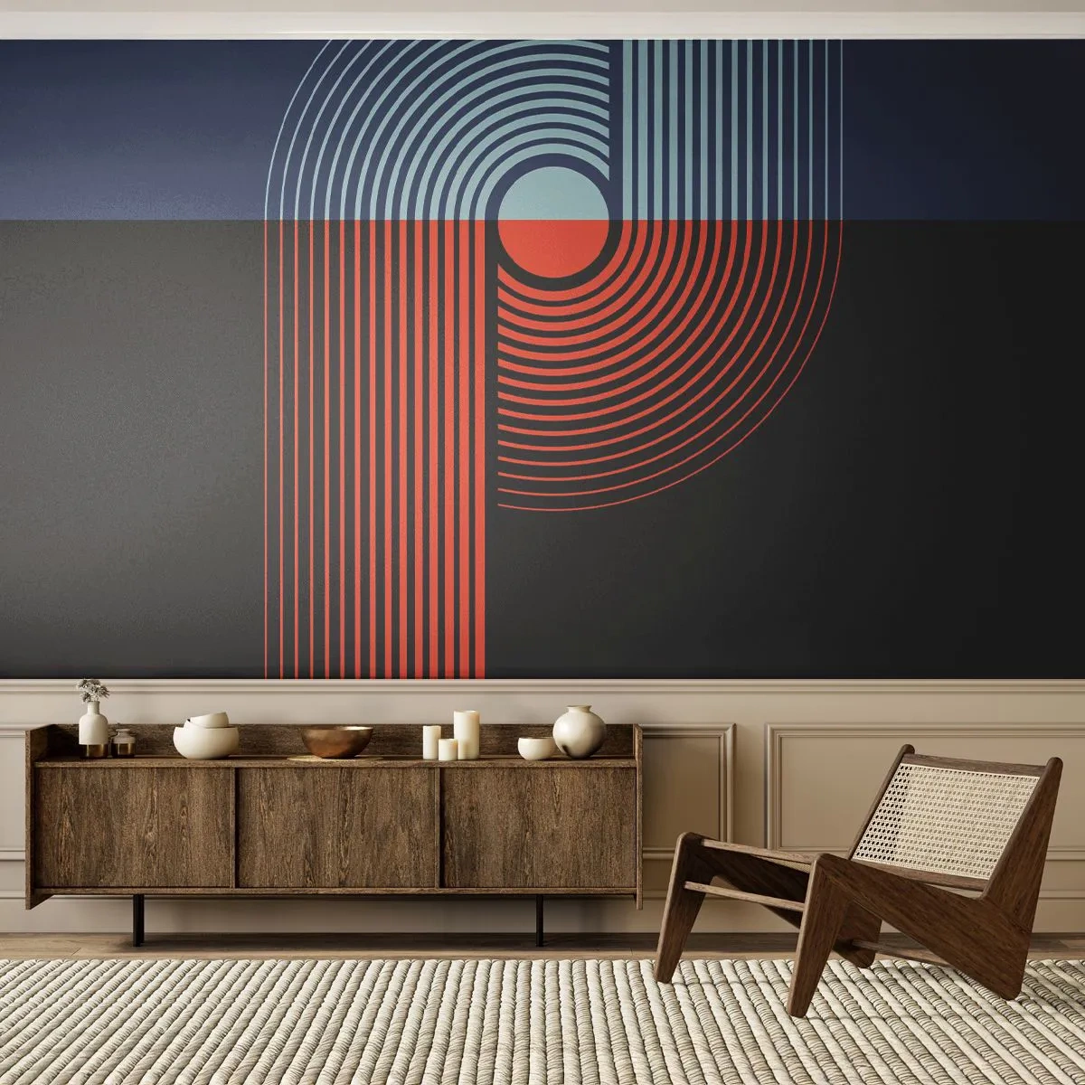 Fotobehang Standard Eco - In een geometrische omhelzing - Abstractie, Grafisch, Lijn kunst - 300x210 cm