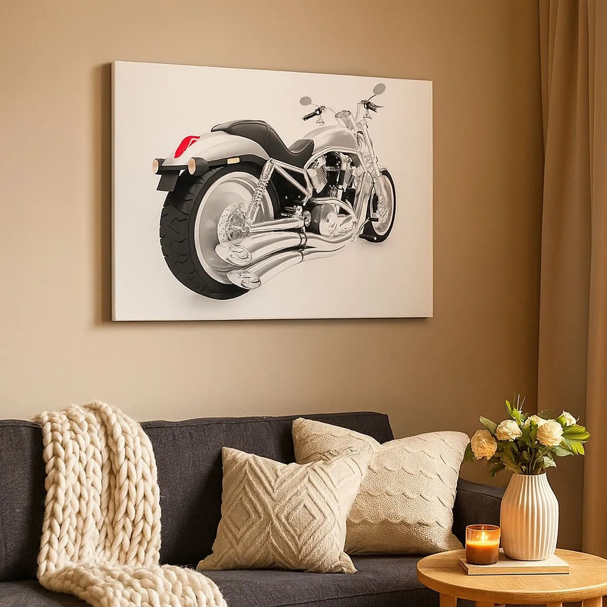 Schilderen op canvas - Chromen motorfiets op witte achtergrond - 70x50cm - De droom van een verzamelaar - Moderne wanddecoratie voor woonkamer en slaapkamer ARTTOR