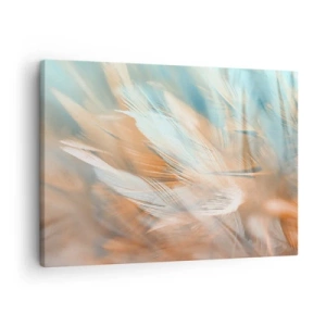 Schilderen op canvas - Fijne veren in pasteltinten blauw en oranje - 70x50cm - In het land van zachtheid - Moderne wanddecoratie voor woonkamer en slaapkamer ARTTOR