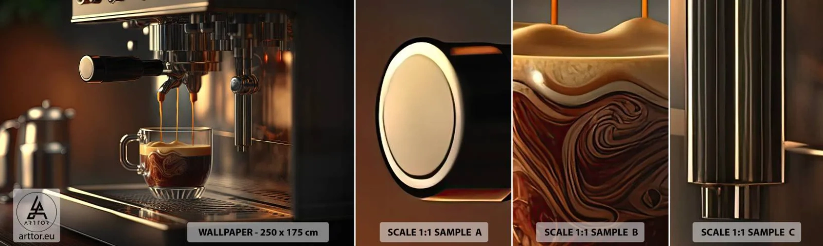 Fotobehang Monster Zelfklevend Deluxe Sticker - Een sensuele mix - Koffie, Koffiezetapparaat, Gastronomie - 100x30 cm