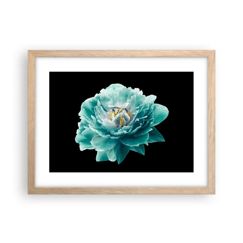 Een poster in een licht eiken lijst - Blauwe en gouden bloemblaadjes - 40x30 cm