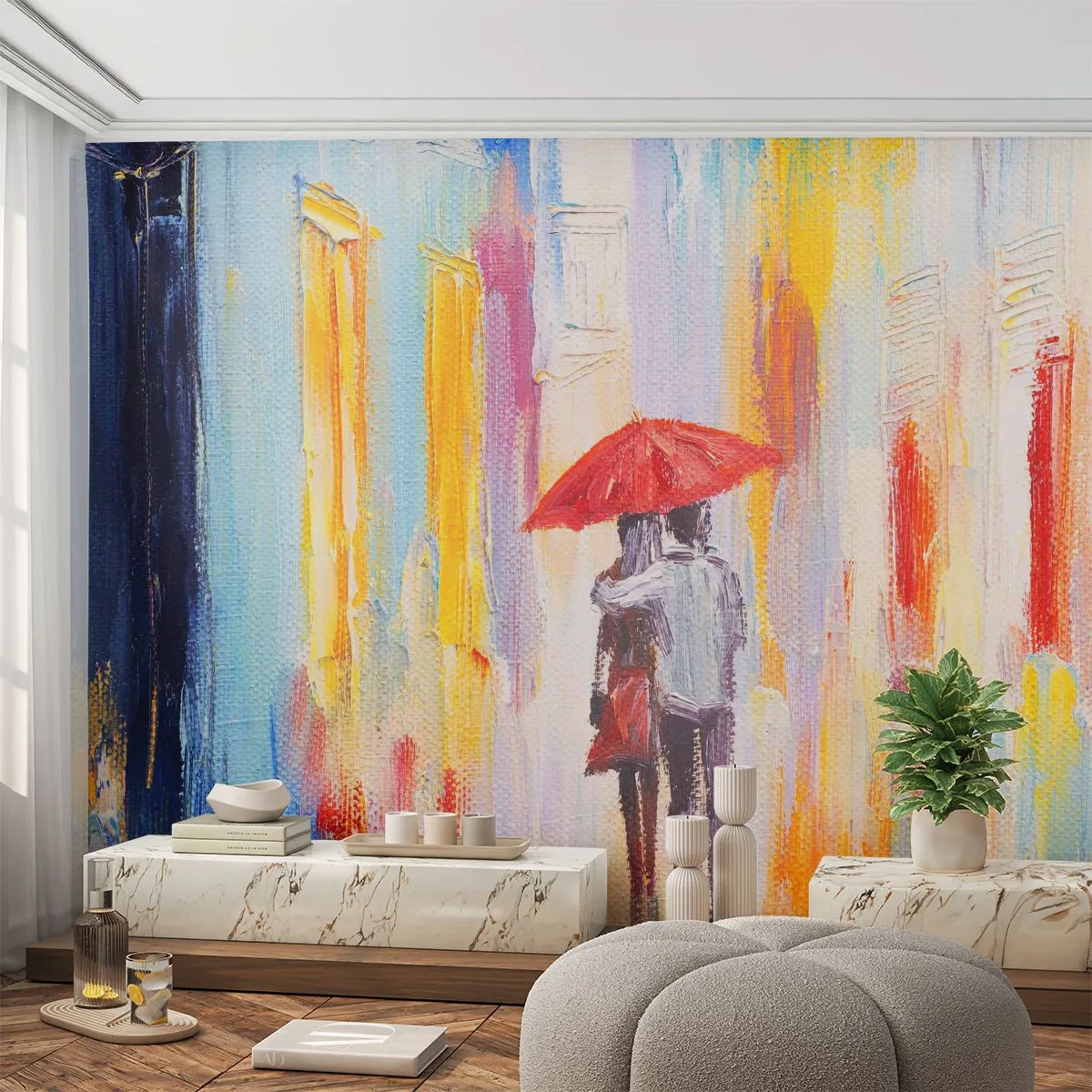 Fotobehang Premium Canvas - Laat het maar regenen - Een paar geliefden, Mensen, Abstractie - 250x175 cm
