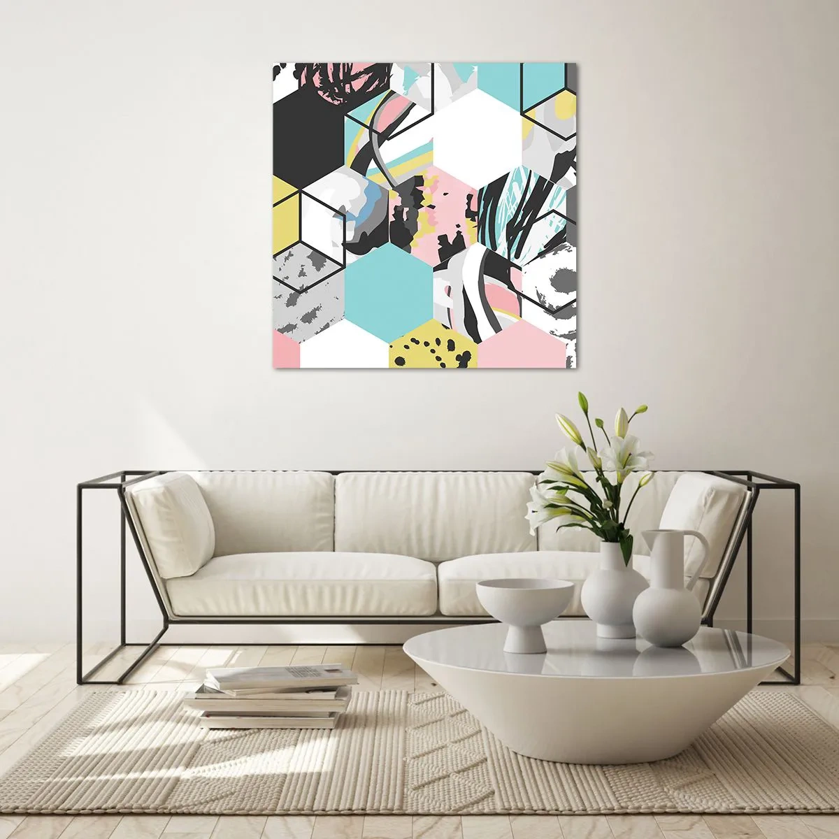 Schilderen op glas - Zeshoeken en kubussen in zes kleuren - 70x70 cm