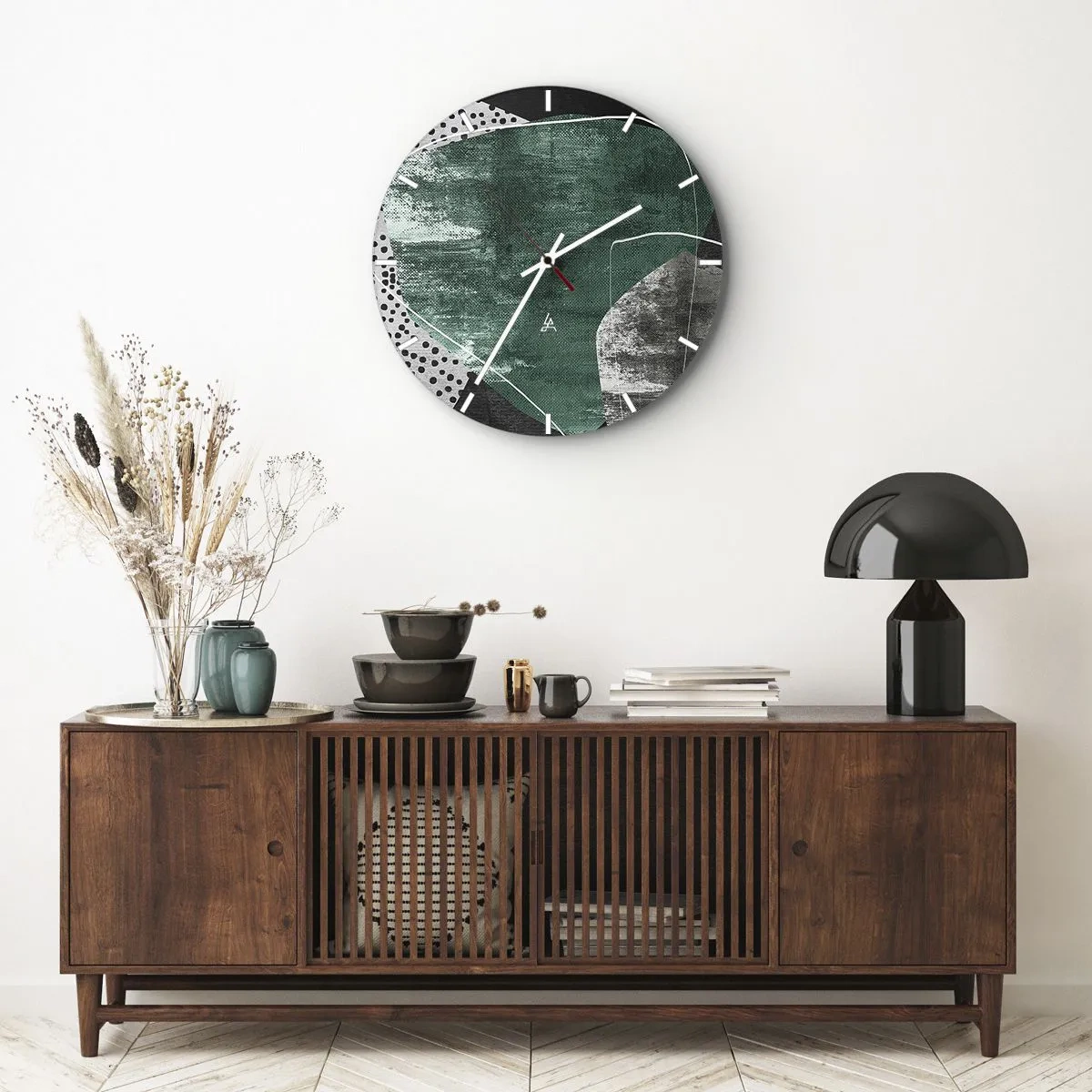 Wandklok - Klok - Groene en zwarte abstracte compositie met grafische accenten - 30x30cm - Kleurrijke abstractie met bladgoud - Moderne wanddecoratie voor woonkamer, keuken en slaapkamer ARTTOR