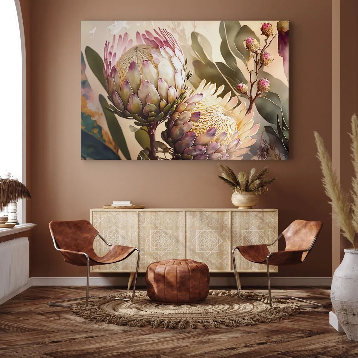 Schilderen op canvas - Kleurrijke proteabloemen op een delicate achtergrond - 70x50cm - Teeder omarmd - Moderne wanddecoratie voor woonkamer en slaapkamer ARTTOR