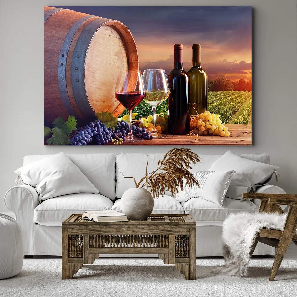Schilderen op canvas - Wijn, glazen en een vat in een schilderachtig landschap - 70x50cm - Het leven smaakt hier - Moderne wanddecoratie voor woonkamer en slaapkamer ARTTOR