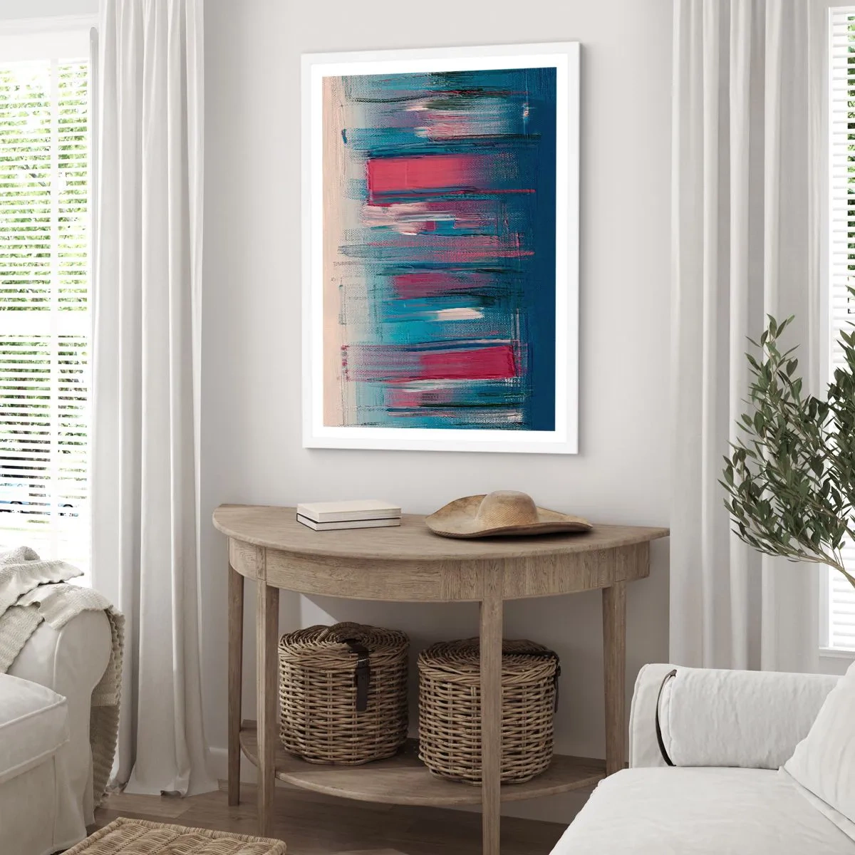 Poster in een witte lijst - Verticale compositie in blauw en rood - 50x70 cm