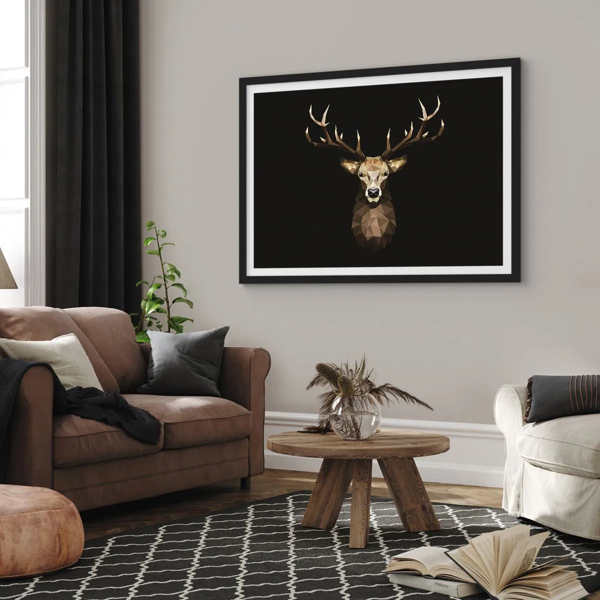 Poster in een zwarte lijst - Kubistische herten - 40x30 cm