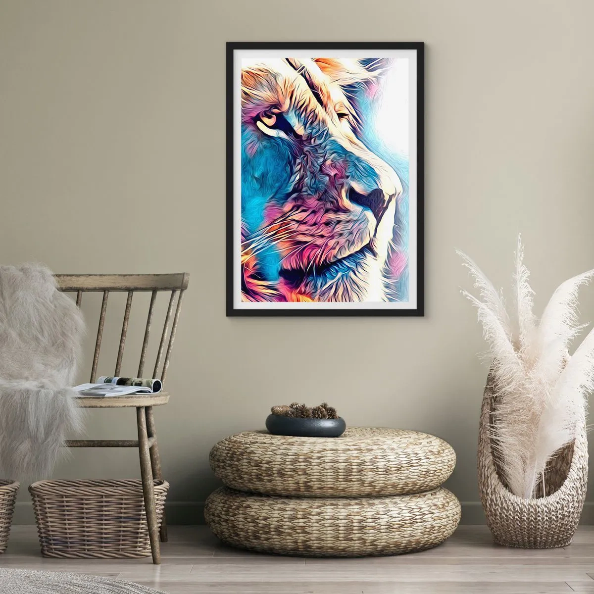 Poster in een zwarte lijst - Een kleurrijk portret van een leeuw, artistiek vormgegeven met intense kleuren. - 50x70cm - De wijsheid van de natuur - Moderne wanddecoratie voor woonkamer en slaapkamer ARTTOR
