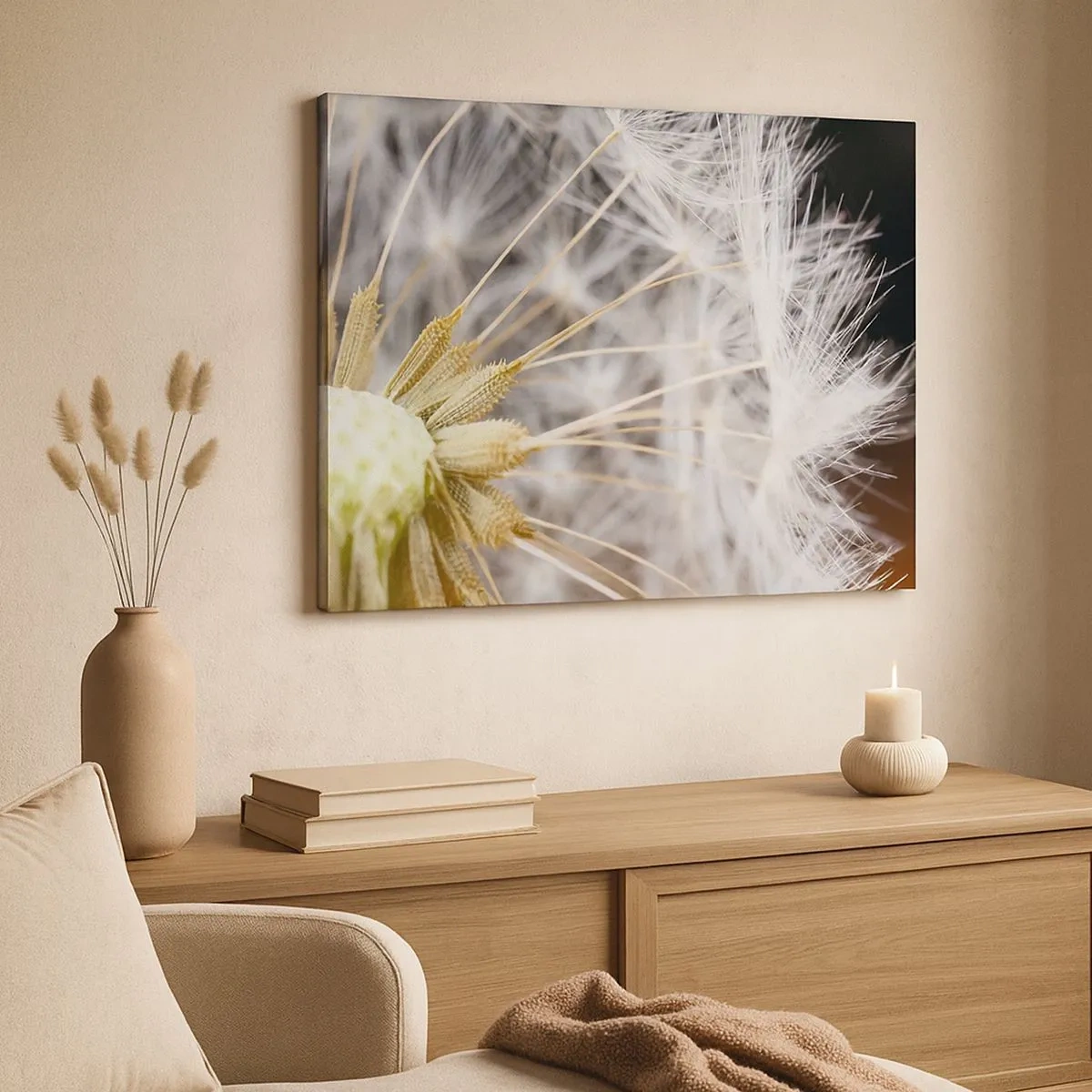 Schilderen op canvas - Macrofotografie van een paardenbloem met delicate zaden - 70x50cm - Net voor vertrek - Moderne wanddecoratie voor woonkamer en slaapkamer ARTTOR