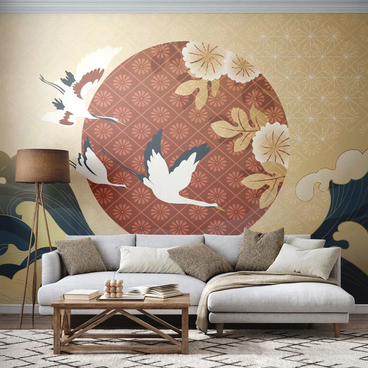 Zelfklevend Fotobehang Deluxe Sticker - Japans sprookje - Reiger, Vogel, Abstractie - 250x175 cm
