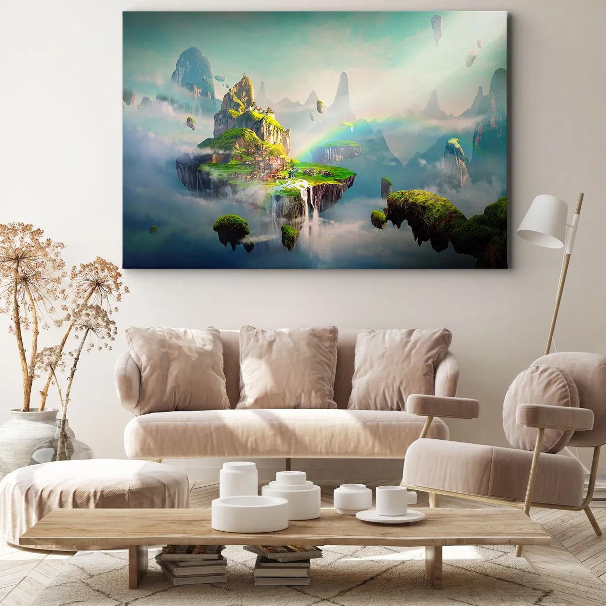 Schilderen op canvas - Vliegende eilanden tussen de wolken met een regenboog aan de horizon - 70x50cm - Midden in de lucht - gelukkige eilanden - Moderne wanddecoratie voor woonkamer en slaapkamer ARTTOR