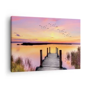 Schilderen op canvas - Een pier op een meer bij zonsondergang met vogels in de lucht - 70x50cm - Violet stille dageraad - Moderne wanddecoratie voor woonkamer en slaapkamer ARTTOR
