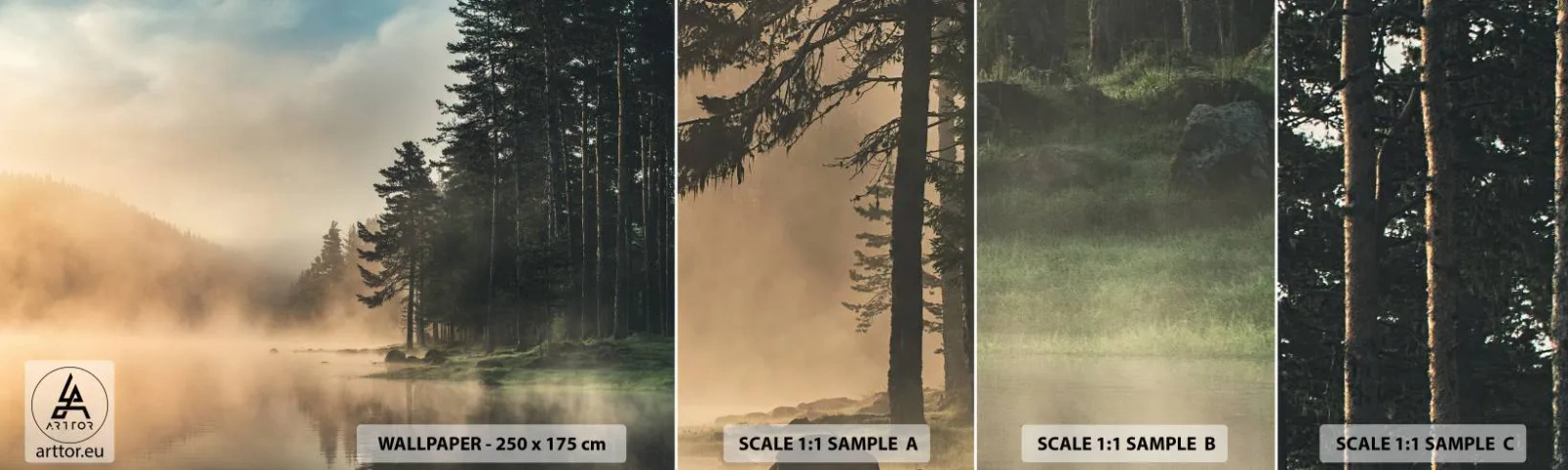 Fotobehang Monster Zelfklevend Deluxe Sticker - De geboorte van de dag - Landschap, Meer, Woud - 100x30 cm