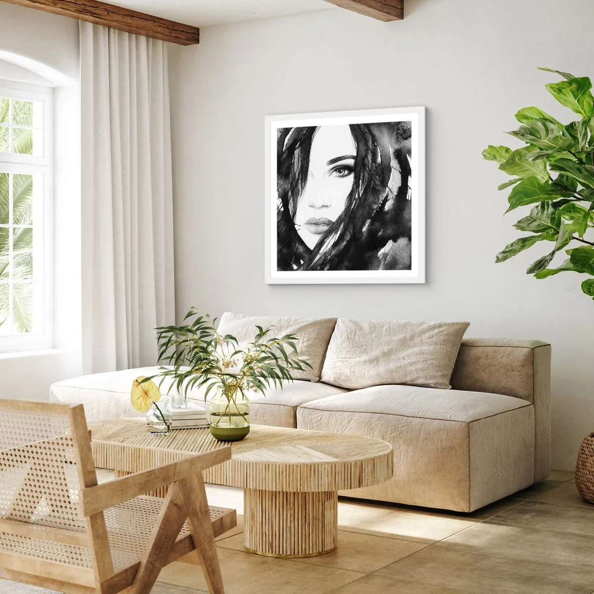 Poster in een witte lijst - Portret van een dame in zwart en wit - 30x30 cm