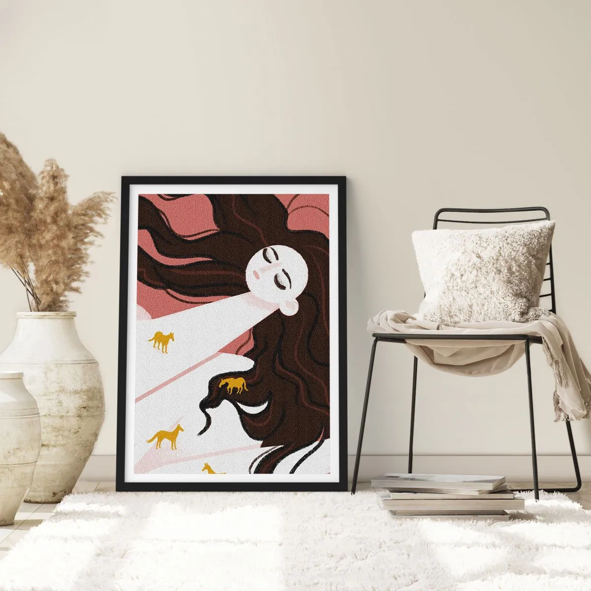 Poster in een zwarte lijst - Droom over een gouden paard - 70x100 cm