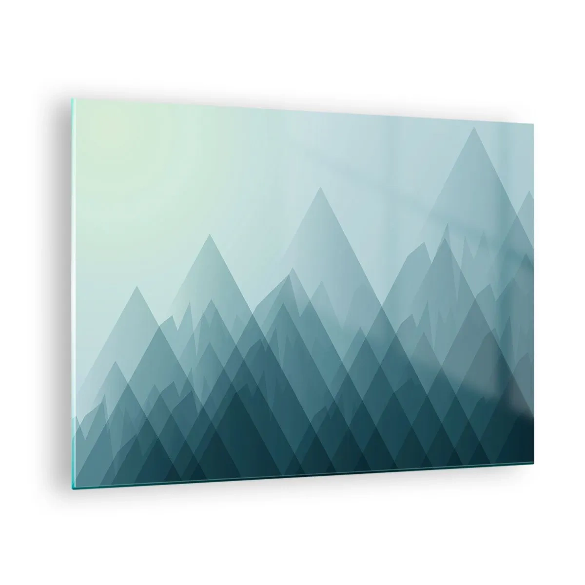 Schilderen op glas - Abstracte gelaagde bergen in zachte blauwtinten - 70x50cm - Groot, groter, grootst - Moderne wanddecoratie voor woonkamer en slaapkamer ARTTOR