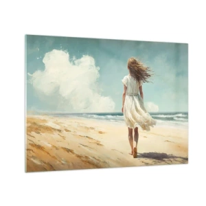Schilderen op glas - Een vrouw in een witte jurk loopt op blote voeten op een zonnig strand - 70x50cm - Om de zon en de wind te ontmoeten - Moderne wanddecoratie voor woonkamer en slaapkamer ARTTOR