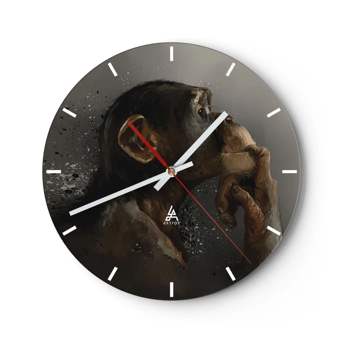 Wandklok - Klok - Een nadenkende chimpansee tegen een donkere achtergrond - 30x30cm - Zeker een denker - Moderne wanddecoratie voor woonkamer, keuken en slaapkamer ARTTOR