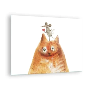 Schilderen op glas - Een kat met een muis op zijn kop in een humoristische stijl - 70x50cm - De paradoxen van de liefde - Moderne wanddecoratie voor woonkamer en slaapkamer ARTTOR