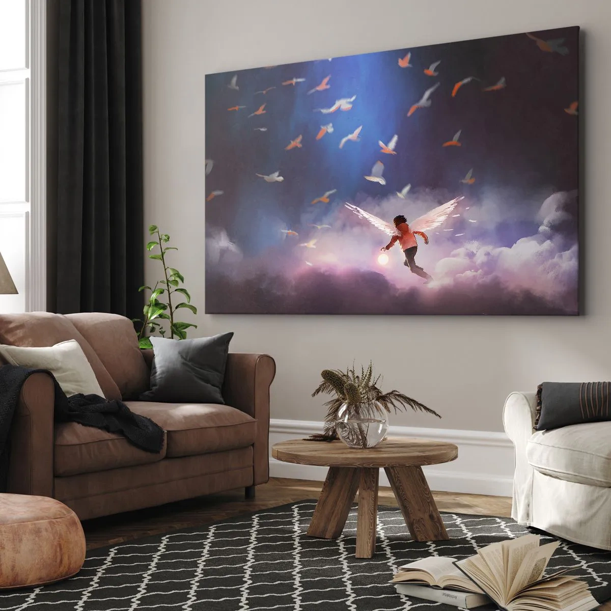 Schilderen op canvas - Een figuur met engelenvleugels zweeft tussen vogels in de lucht - 70x50cm - Je hebt verbeeldingskracht en moed nodig - Moderne wanddecoratie voor woonkamer en slaapkamer ARTTOR