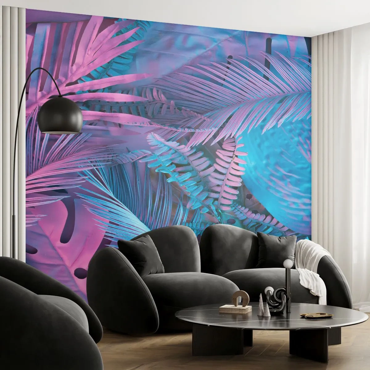 Fotobehang Premium Canvas - Tropen in roze en blauw - Abstractie, Bladeren, Tropische plant - 350x256 cm