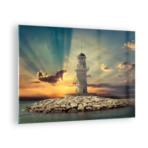 Schilderen op glas - Een vuurtoren tegen de achtergrond van de ondergaande zon - 70x50cm - Licht - Goed - Schoonheid - Moderne wanddecoratie voor woonkamer en slaapkamer ARTTOR