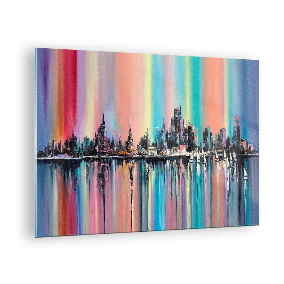 Schilderen op glas - Abstract stadsgezicht met veelkleurige achtergrond - 70x50cm - Om in het licht van de nacht te vallen - Moderne wanddecoratie voor woonkamer en slaapkamer ARTTOR