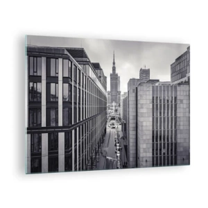 Schilderen op glas - Zwart-wit stadsgezicht met wolkenkrabbers en een straat - 70x50cm - Warschau vallei - Moderne wanddecoratie voor woonkamer en slaapkamer ARTTOR
