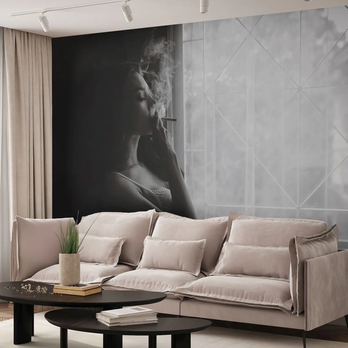 Fotobehang Premium Canvas - Een sensueel moment - Vrouw, Sigaret, Slaapkamer - 250x175 cm